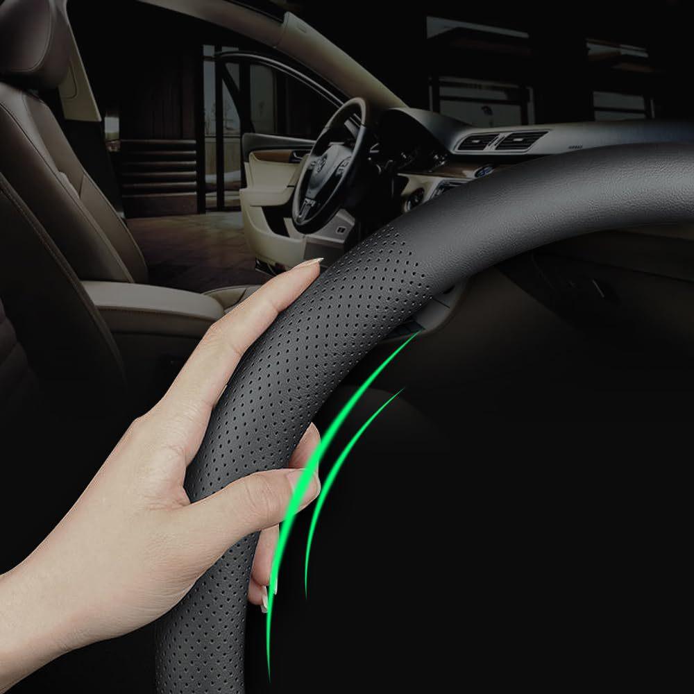 Universal Lenkradbezug aus schwarzem Nappa-Leder, rutschfest und atmungsaktiv, 15 Zoll/38 cm.