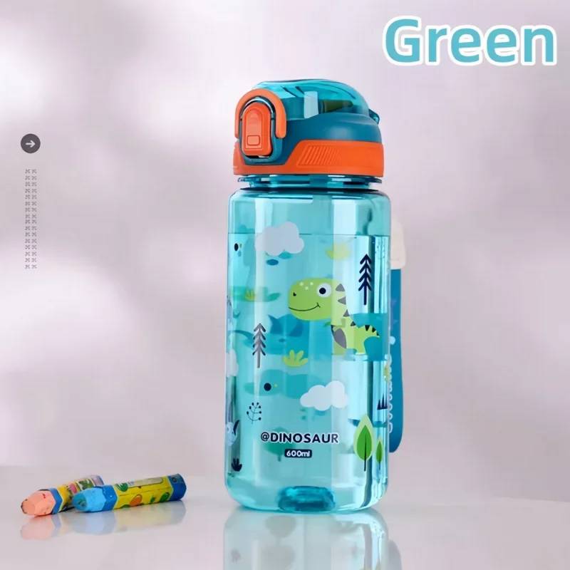 600ml Dětská láhev na vodu s dinosaurem, pítko se silikonovou slámkou, nepropustné plastové lahve na vodu, letní dětský pohár na vodu