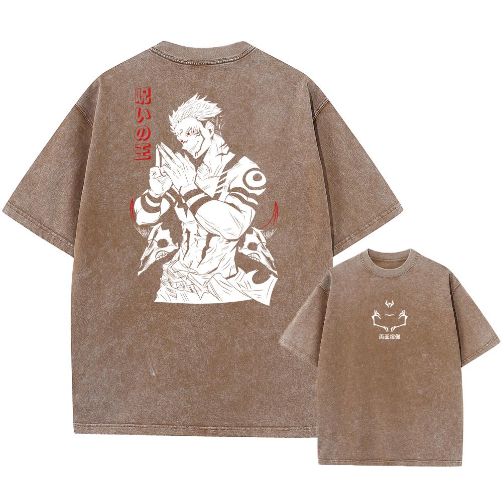 Men Fashion Streetwear Washed Black T-Shirt Japanese Anime Graphic Print T Shirt Summer Cotton Oversized Tops Tees