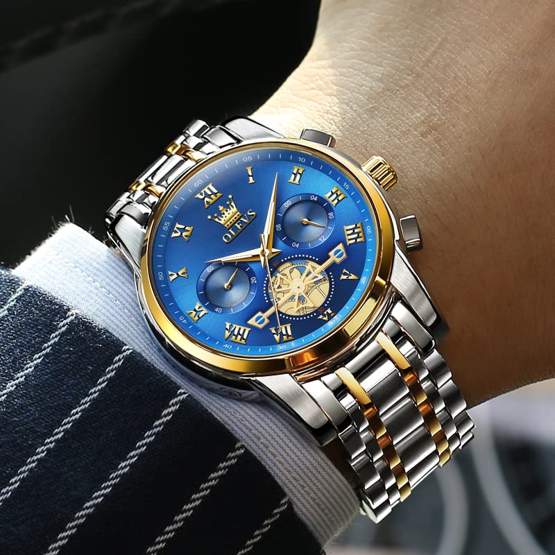 OLEVS Men's Stylish Chronograph Watch, Popular Brand for Business, Large, Easy-to-Read Analog, Waterproof Quartz Wristwatch, Black (Blue)