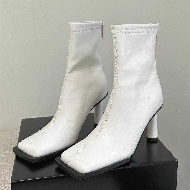 Eilyken Podzimní útulné měkké kotníkové boty z PU kůže Dámské Elegantní hranatá špička Jehlové podpatky Módní Zip Dámy Párty Moderní Boty