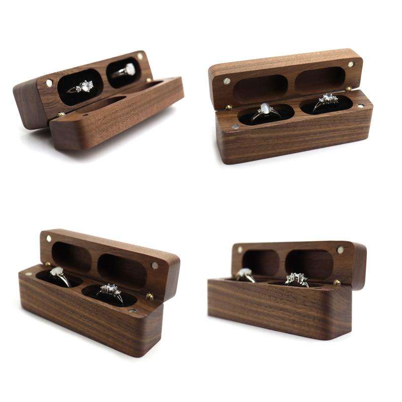 Fashion Wood Ring Box for 2 Rings Slim Double Ring Storage Holder Modern Wedding Ring Bearer Box Decorative Box with Lid