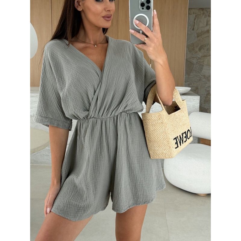 European and American Summer New Gray V-neck Elastic Waist Shoulder Short Sleeve Wide Leg Jumpsuit Shorts Hot Pants Jumpsuits