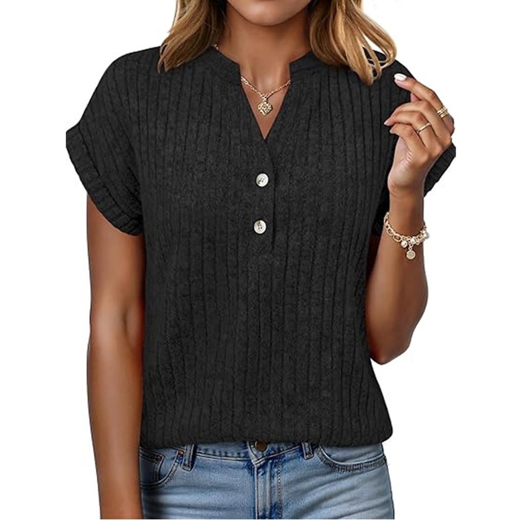 Women's Casual Fashion New Short,Sleeved Button,Up V,Neck Top