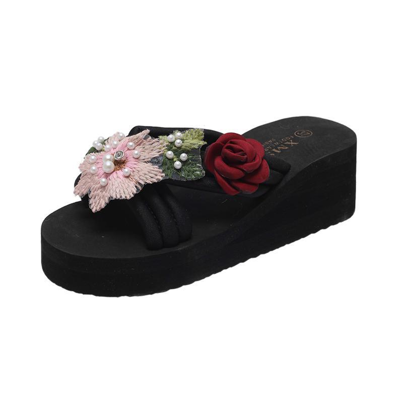 Fashion Summer New Fashion Embroidery Flowers Flip-flops Outside Wear Non-slip Thick Bottom Beach Sandals Slippers Female