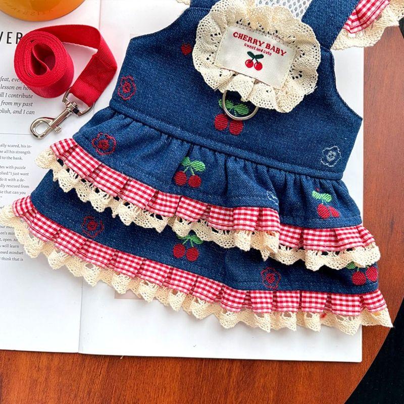 Denim Cherry Pet Dog Skirt Breathable Mesh Soft Vest Dog Denim Dress Lace Comfortable Puppy Clothing with Leash Small Dogs