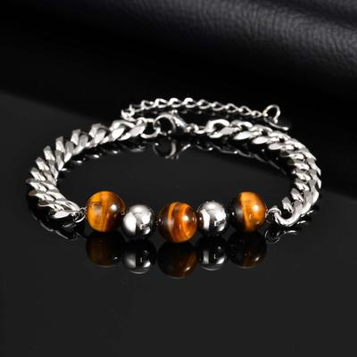 Fashion Stainless Steel Cuban Chain Bracelet for Men, Tiger Eye Natural Stone Bead Charm Bracelet, Vintage Daily Jewelry Gift