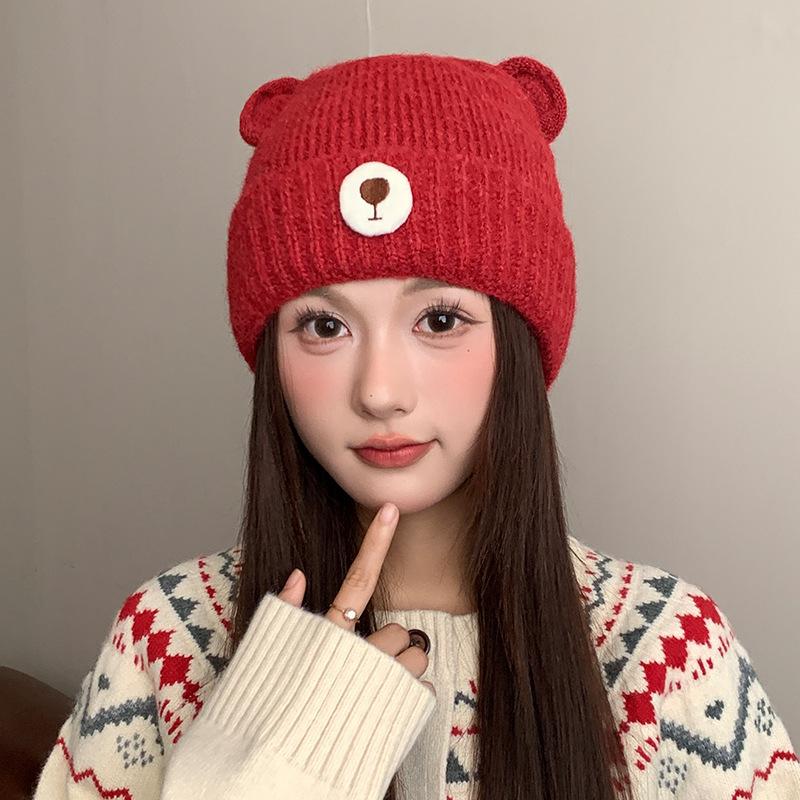 Autumn and Winter Commuting Warm Knitted Hat for Women Cute Bear Ear Protection Pullover Hat Outdoor Windproof and Coldproof Woolen Hat Trendy