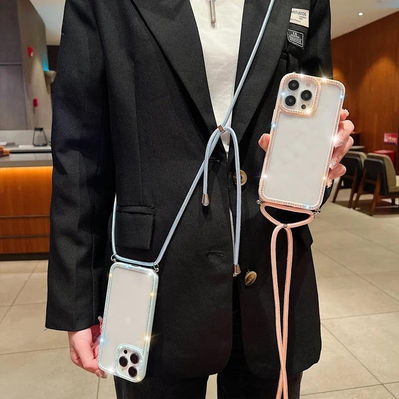 Diamond Glitter Crossbody Necklace Lanyard Case For iPhone 16 16E 11 12 13 14 15 Pro Max Plus Bling Transparent Soft Cover