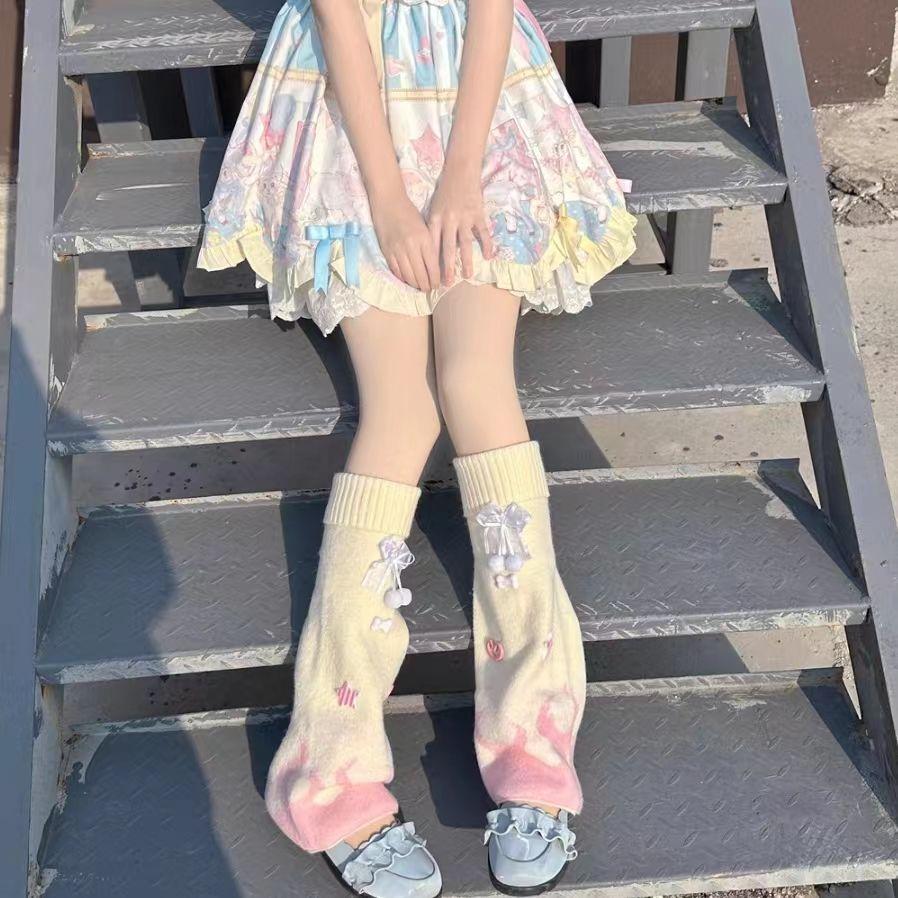 Cute Bowknot Calf Lolita Japanese-style Knitted Leg Warmers Slouchy JK Knee-high Socks Autumn Winter Warm Sweet Girl Socks