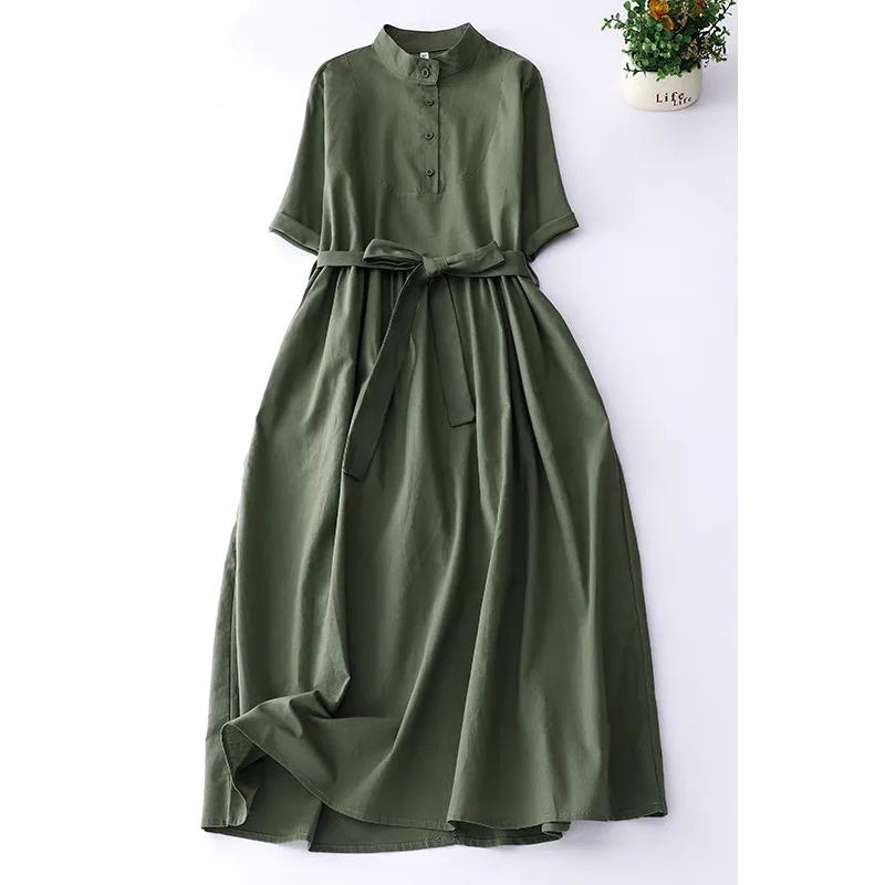 

Womens Army Green Stand Collar Belted Short Sleeve Maxi Shirt Dress M зелёный