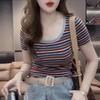 T-shirt a righe vintage estiva con ricamo per donna