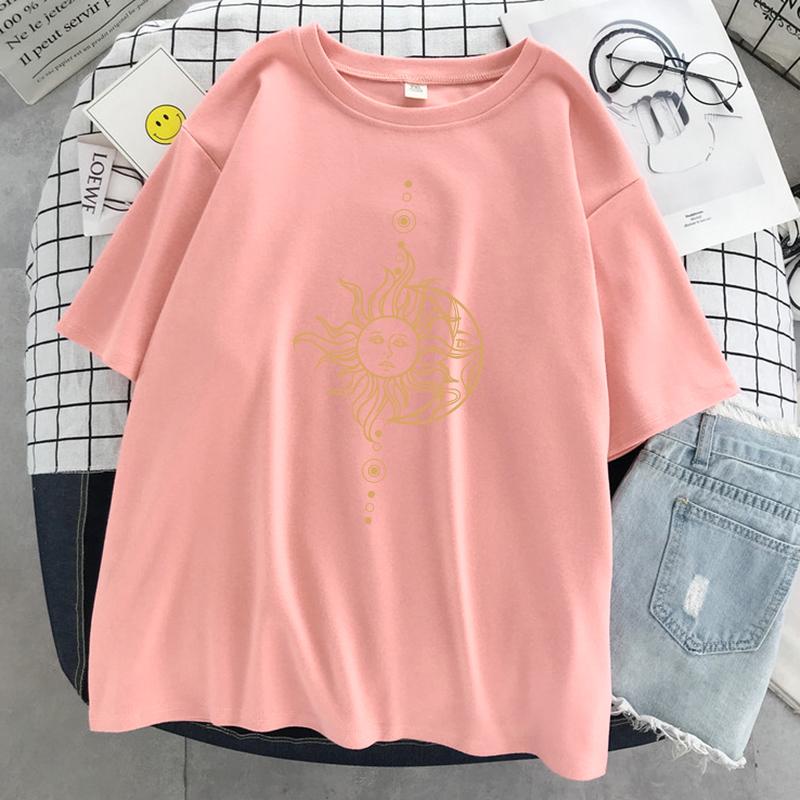 Funny'S Sun And Moon Face Print Women Tshirt Summer Cool T Shirt Hip Hop Oversized Short Sleeve Fashion Cotton Short Sleeve