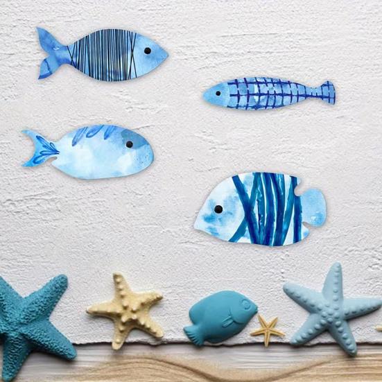 4 Pcs Wood Fish Wall Decor Rustic Blue Fish Beach Wall Art Nautical Coastal Themed Wall Hanging Sculpture for Lake House Ocean Bathroom Decor