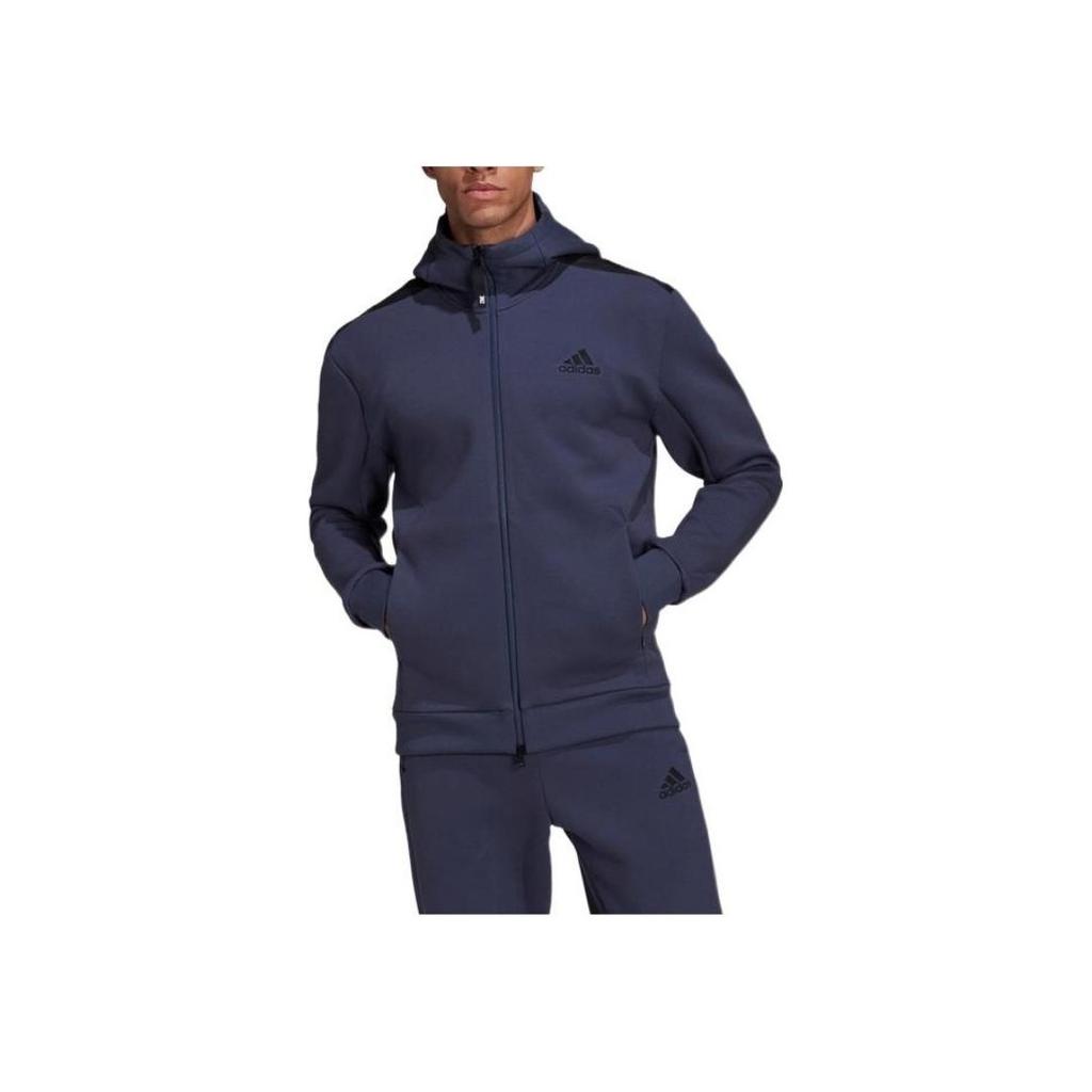 Adidas Solid Color Logo Applique Zip-Up Hooded Jacket Men Tops Blue HC5780