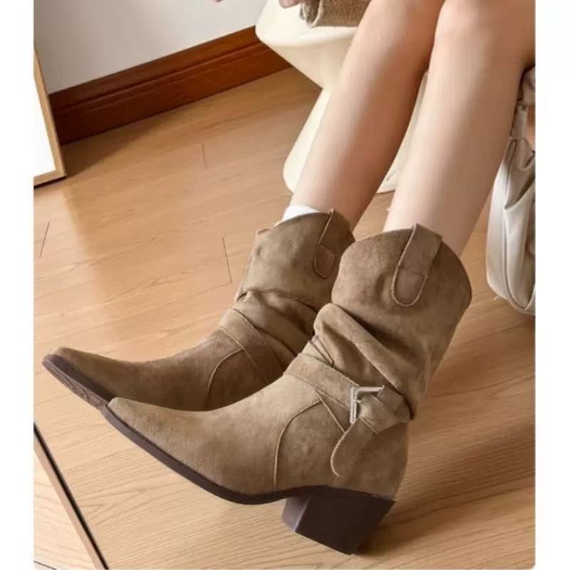 

Женские короткие ботинки 2025 осень и зима новые ботинки с голенищем-гармошкой осень и зима квадратный носок толстый каблук ремешок с пряжкой ботильоны для работы 40 хаки