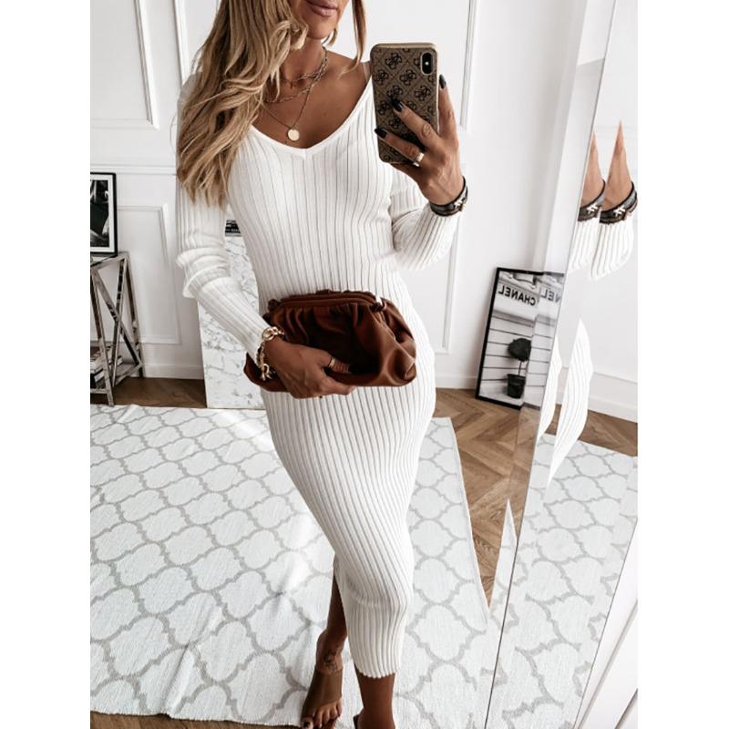 JKASHDK Women's Fashion Spring Fall Solid Color Print Long Sleeve V-Neck High Waist Casual Dresses