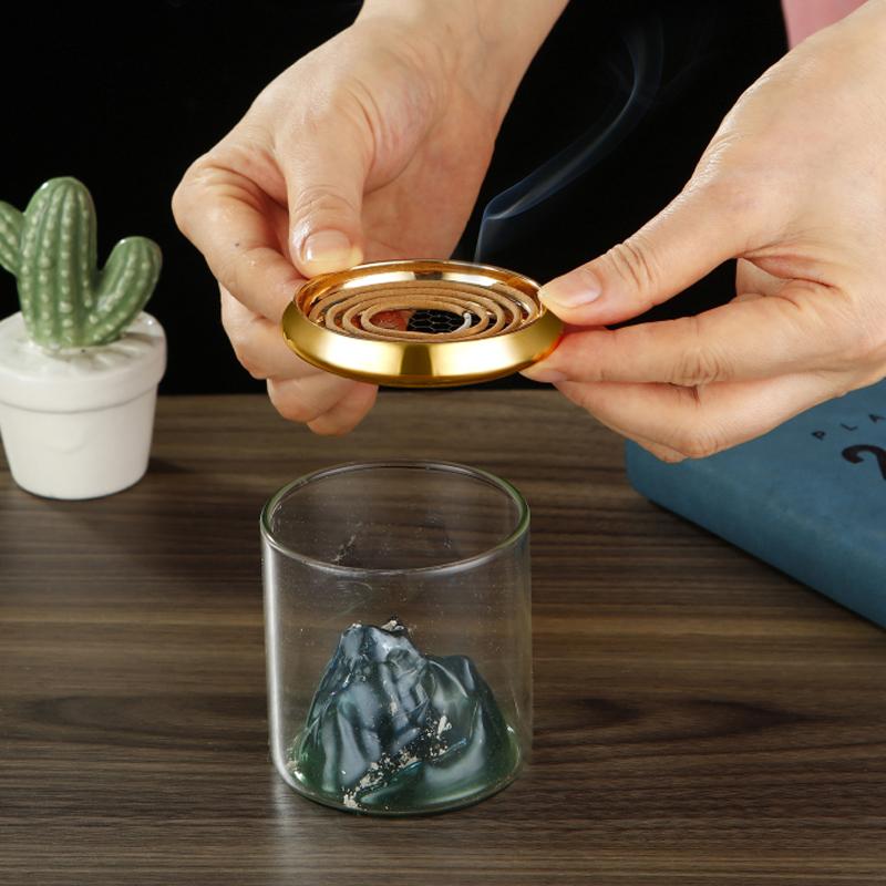 1Pcs Glass Incense Burner Upside Metal Incense Holder Mountain Incense Plate Ash Catcher Buddhism Supplies Home Decor