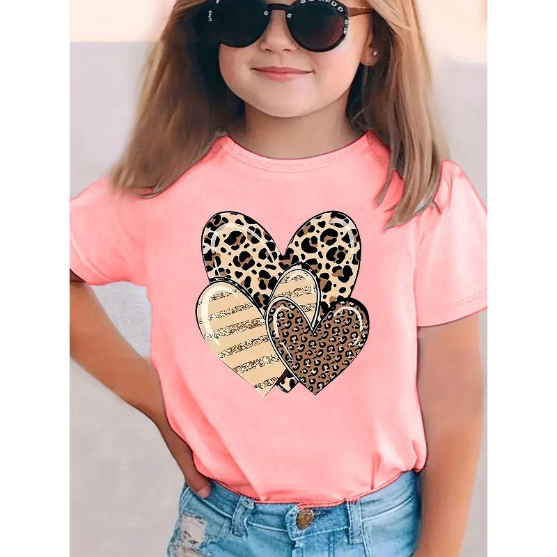 Tailles européennes Mode d'été T-shirt à manches courtes pour filles avec imprimé léopard et design en forme de cœur, Décontracté et polyvalent