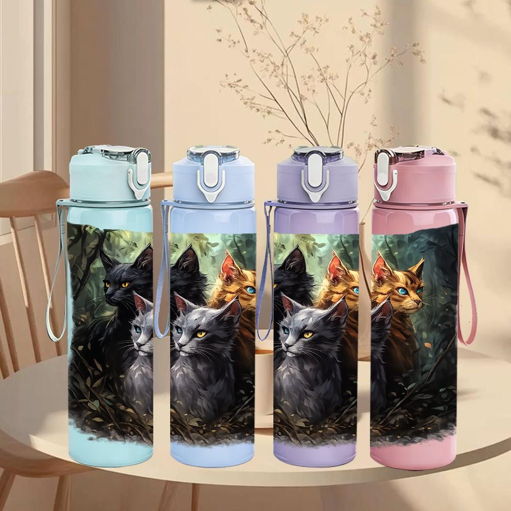 1PC Two Cats Dark Forest Pillow Print 750ml Color Plastic Sports Water Bottle Leakproof Flip Straw Lid Suitable for Sports Office Home Use