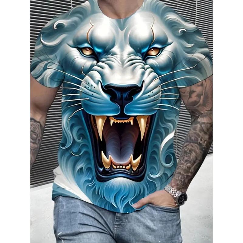 Summer Round Neck Animal Lion Pattern 3D Print Top Fashionable Casual Short Sleeved Men's T-shirts