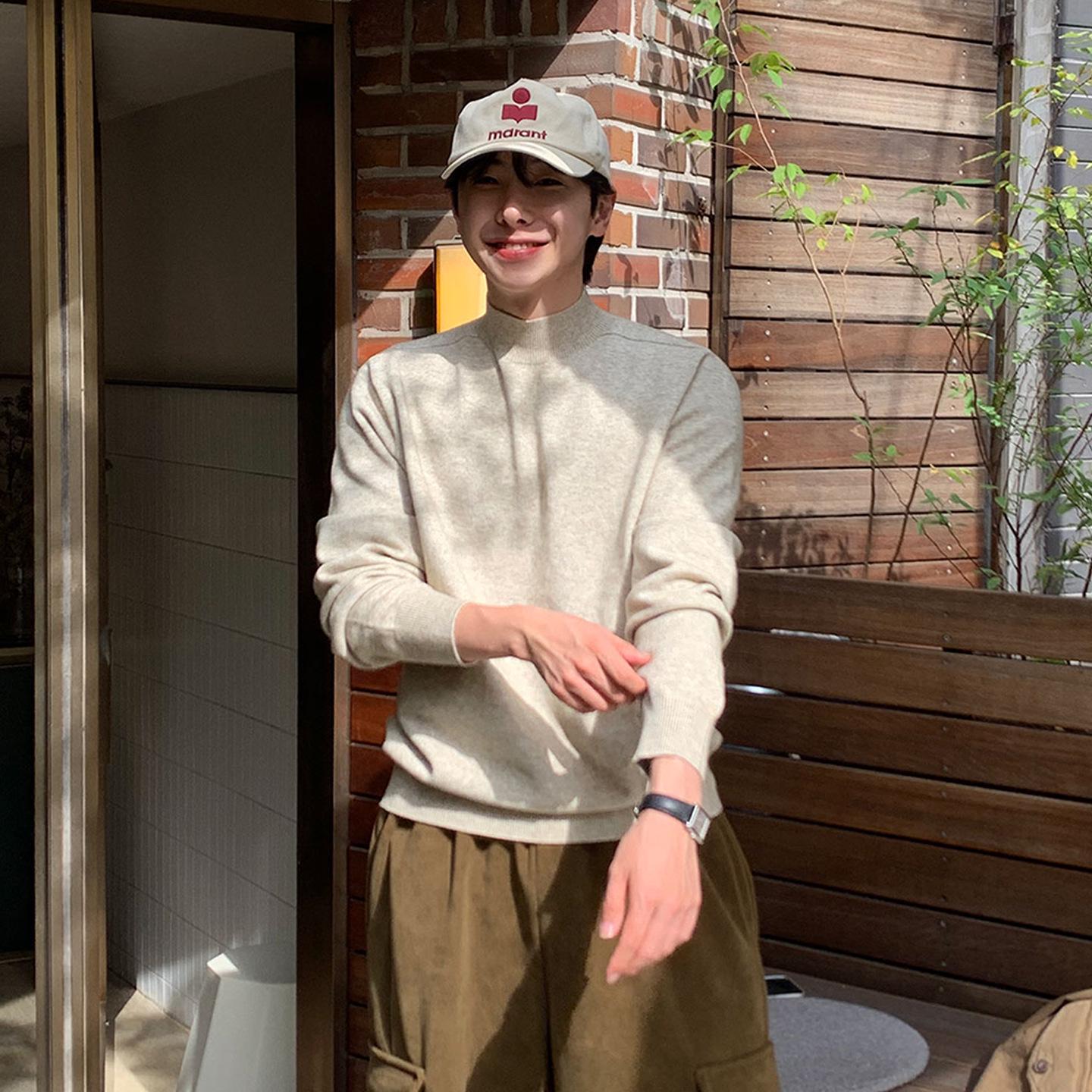 

Black Men s Korean Style Half-High Neck Knit Top - Slim Fit, Drop Shoulder, Autumn/Winter Fashion M хакі