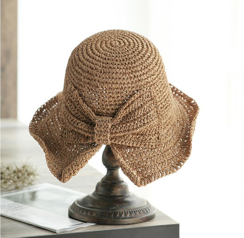 100% Raffia Bow Sun Hat Wide Brim Floppy Hats Women Beach Panama Straw Dome Bucket Hat