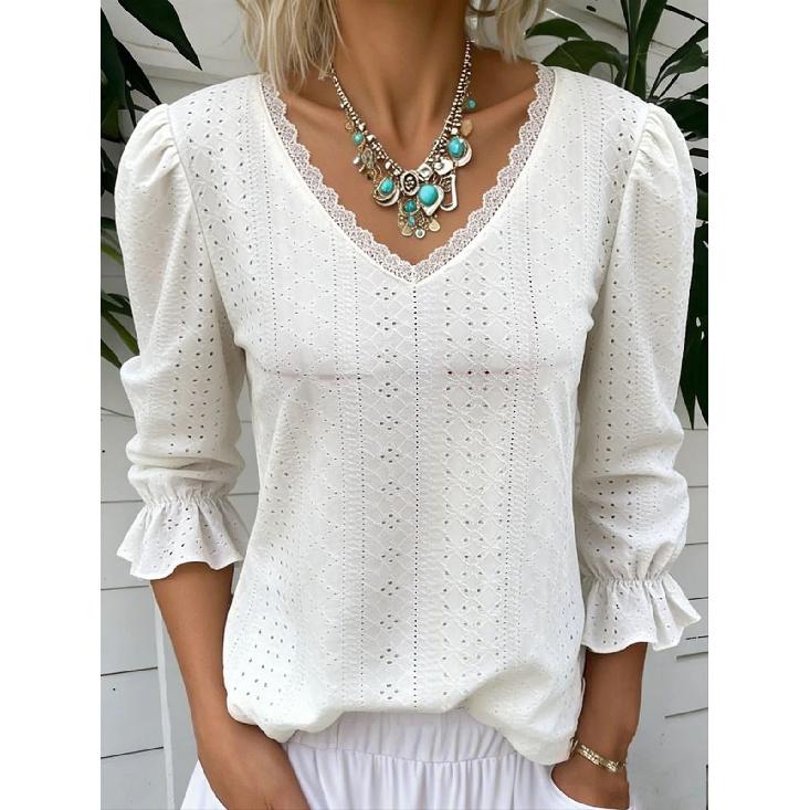 2026 Spring New Women's V-neck Hollow Casual Mid-sleeve Solid Color Top