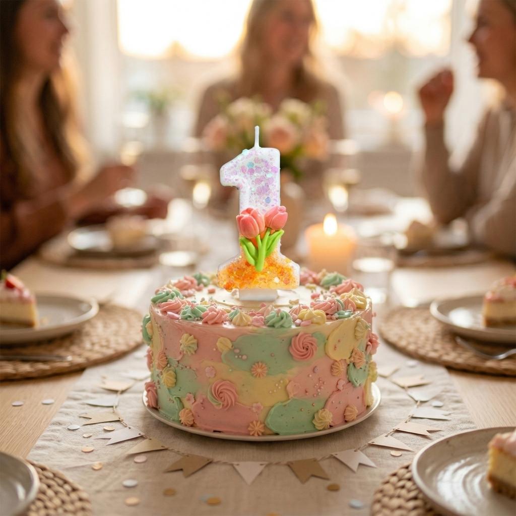 Number One Shaped Birthday Candle with Tulip Flower Decoration Suitable for Cake Topper for Celebratory Occasions