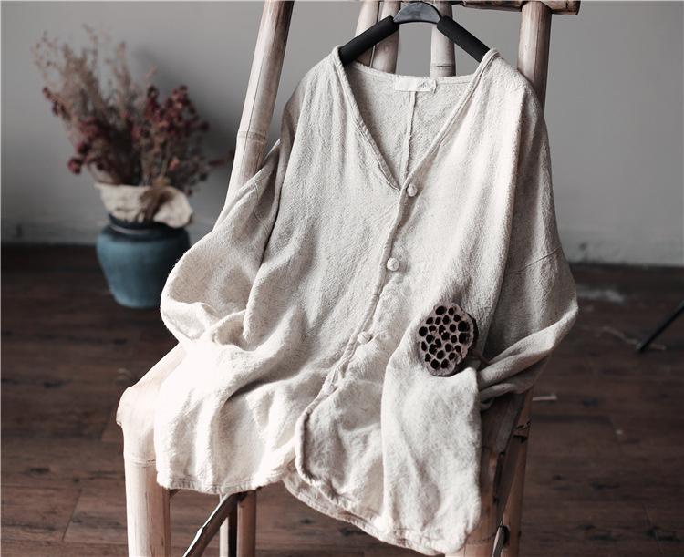 Dámský retro lněný kardigan - Národní styl, jednobarevný, ležérní volný střih na jaro a podzim