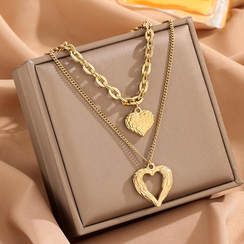 Stainless Steel Double Layer Heart Necklace for Women Gold Plated Textured Pendant Waterproof Romantic Accessory