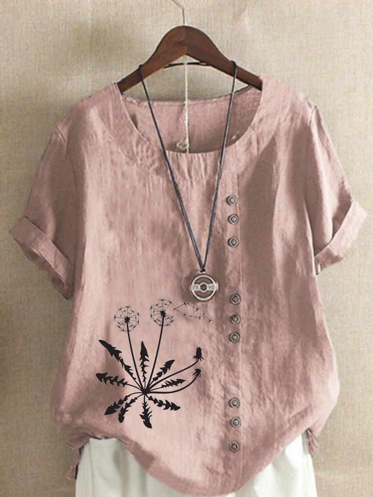 Women's Fashion Black Dandelion Print Shot Sleeve T-shirt Loose Cotton Shirt Casual Loose Summer Blouse Tops Plus Size