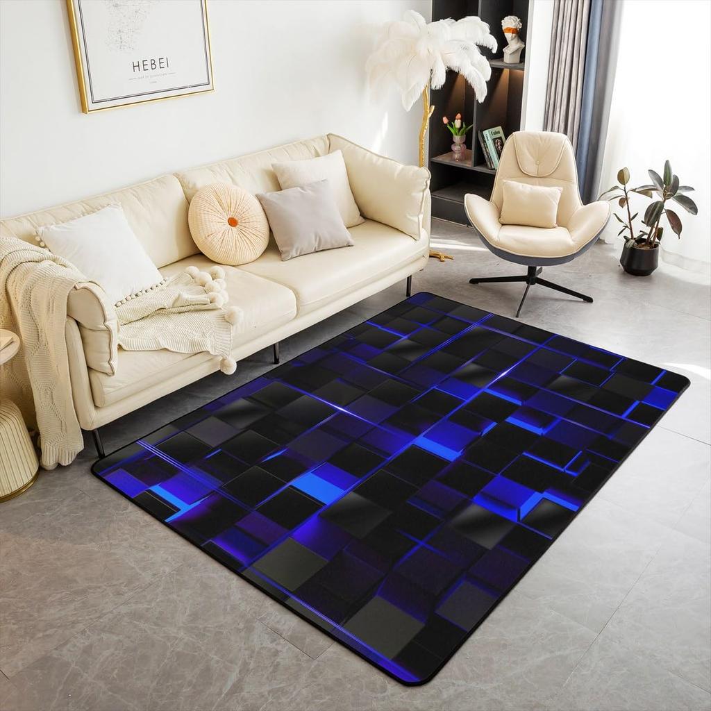 Erosebridal Teen Boy Geometric Rug 3x5 Black Navy Royal Blue Kids Area Rug,Neon Abstract Stereoscopic Check Grid Carpet Square Plaid Decorat