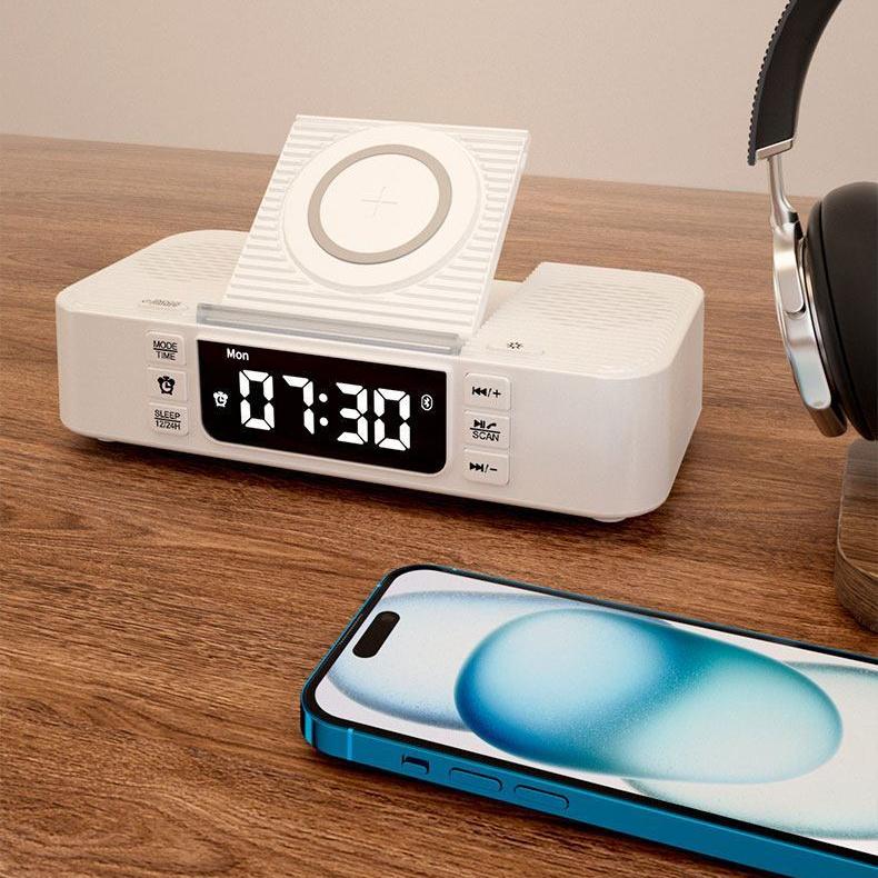 Wireless Charging Bluetooth Speaker Clock FM Radio Night Light Electric Dual Speaker Loud Alarm Clock USB and Type-C port Charing for phone