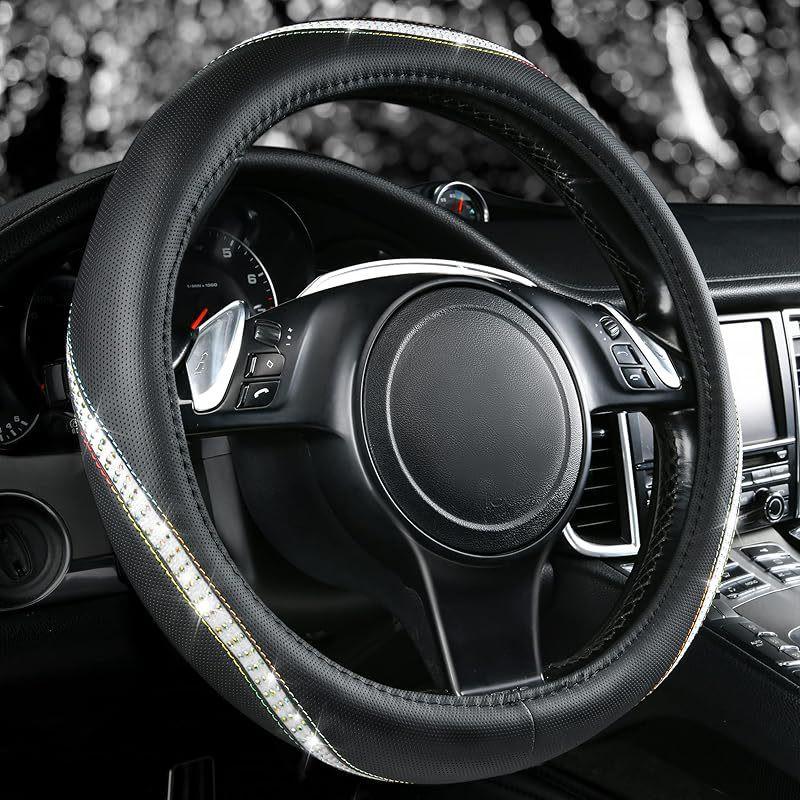 Universal Crystal Rhinestone Leather Steering Wheel Cover Car SUV Truck - Non-Slip Handmade Fashion Accessory