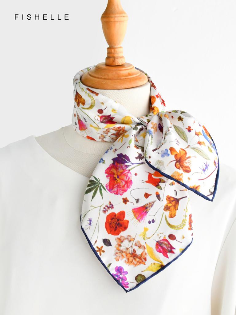White Floral Print 100% Silk Scarf Women Wrap Neckerchief 50cm Twill Shawl Spring and Autumn Square Scarf Luxury Gift