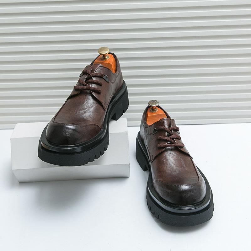 Men's Fashion Thick Bottom Business Casual Shoes Large Size Retro British Style Leather Shoes round Toe Low Top Rubber Sole