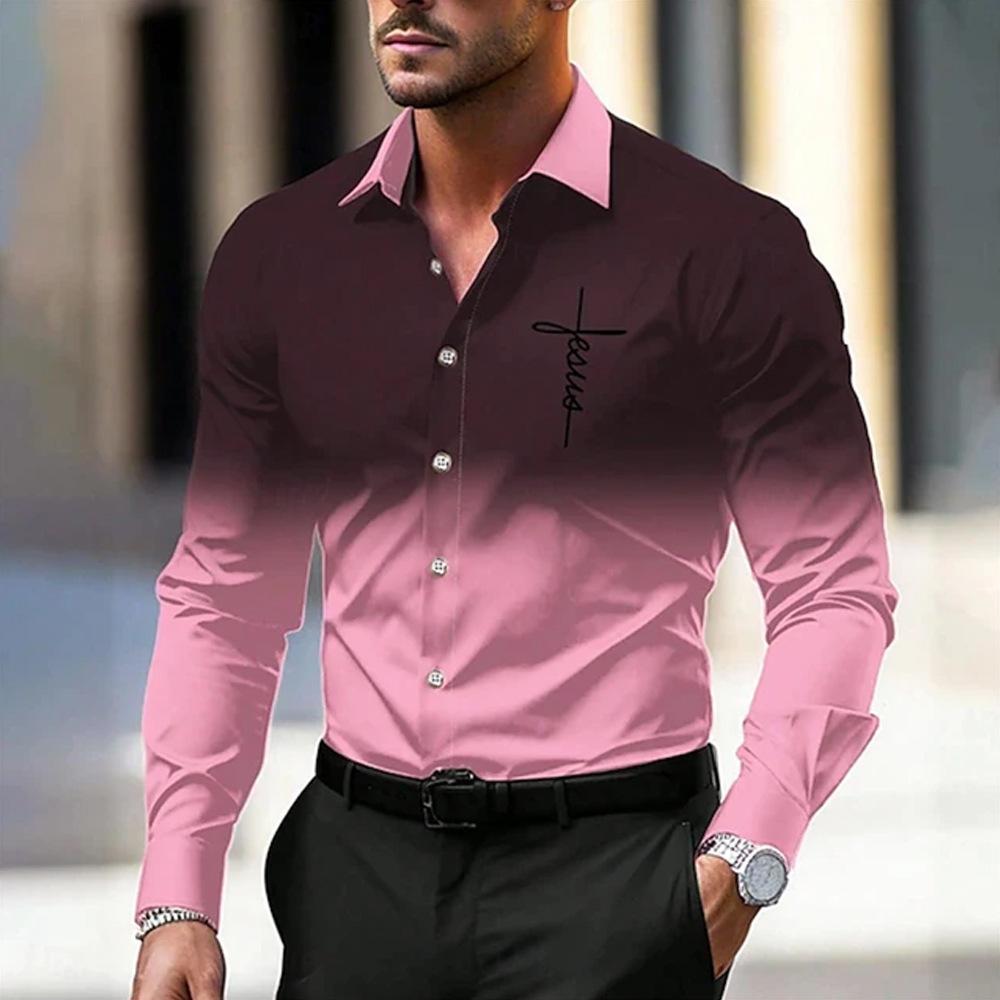 Button-Up Long-Sleeve Shirt with Jesus Cross Print, Great for All Occasions