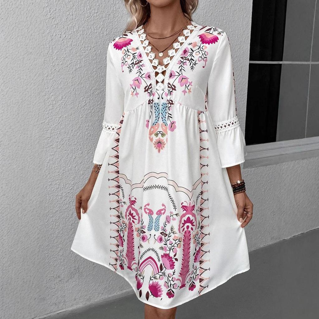 New Women's V-Neck Lace Trim Printed Midi Dress, Short Sleeve Casual Floral Summer Dress for Daily Wear
