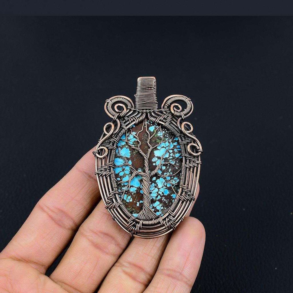 Tree Of Life Tibetan Turquoise Pendant, 999 Copper Wire Wrapped Gemstone Jewelry, Handmade Pendant, For Thanksgiving