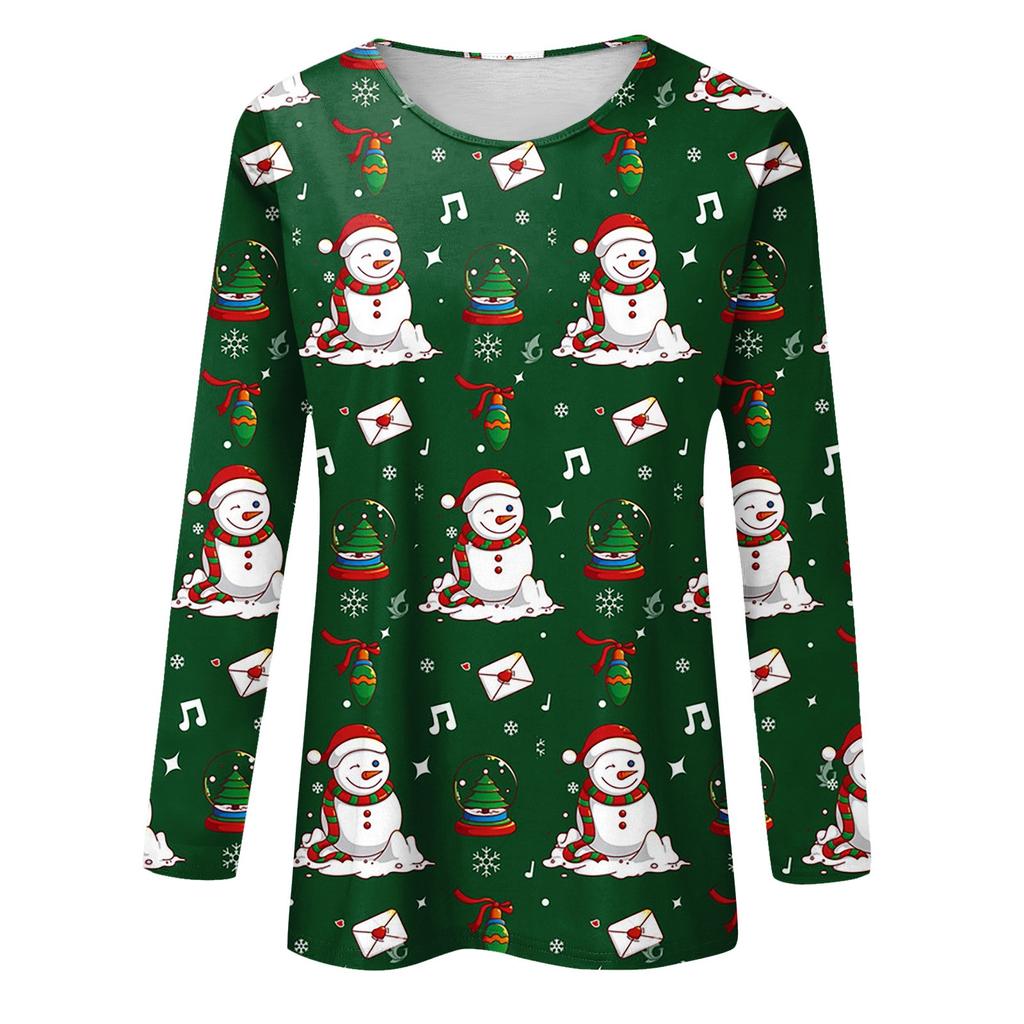 Women's Fashion Casual Long Sleeve Christmas Print Round Neck Pullover Top Blouse