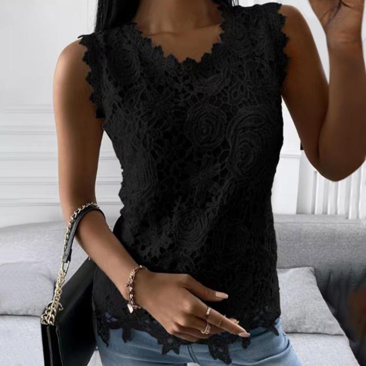 Lace Splicing Sleeveless Tops for Women Solid Color Round Neck Blouse