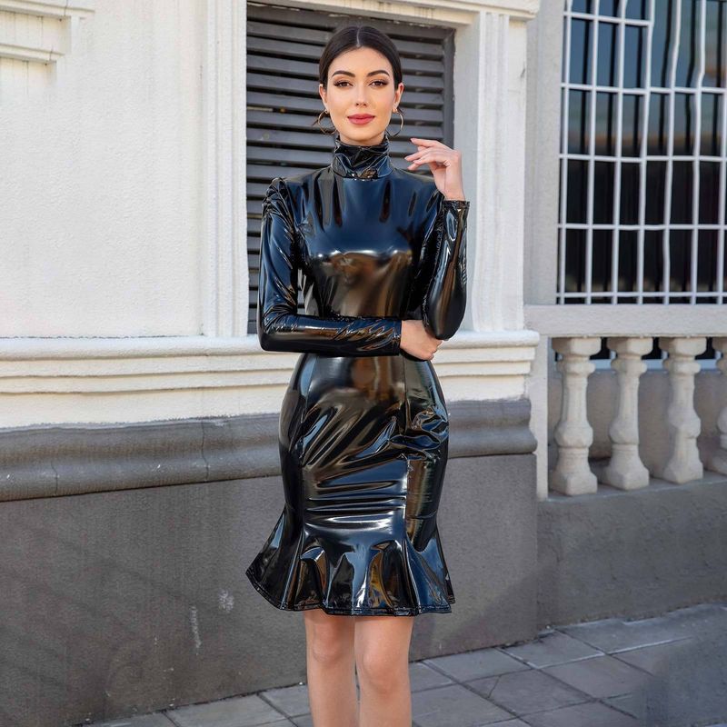 

Cross-Border Foreign Trade Plus-Size Pu Dress European and American Amazon Women s Clothing Wish Shiny Patent Leather Club Fishtail Dress for Women Black XS