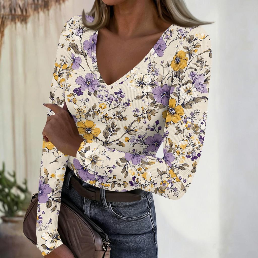 Women's Casual V-Neck Floral Print Long Sleeve Ribbed Top for Everyday Wear