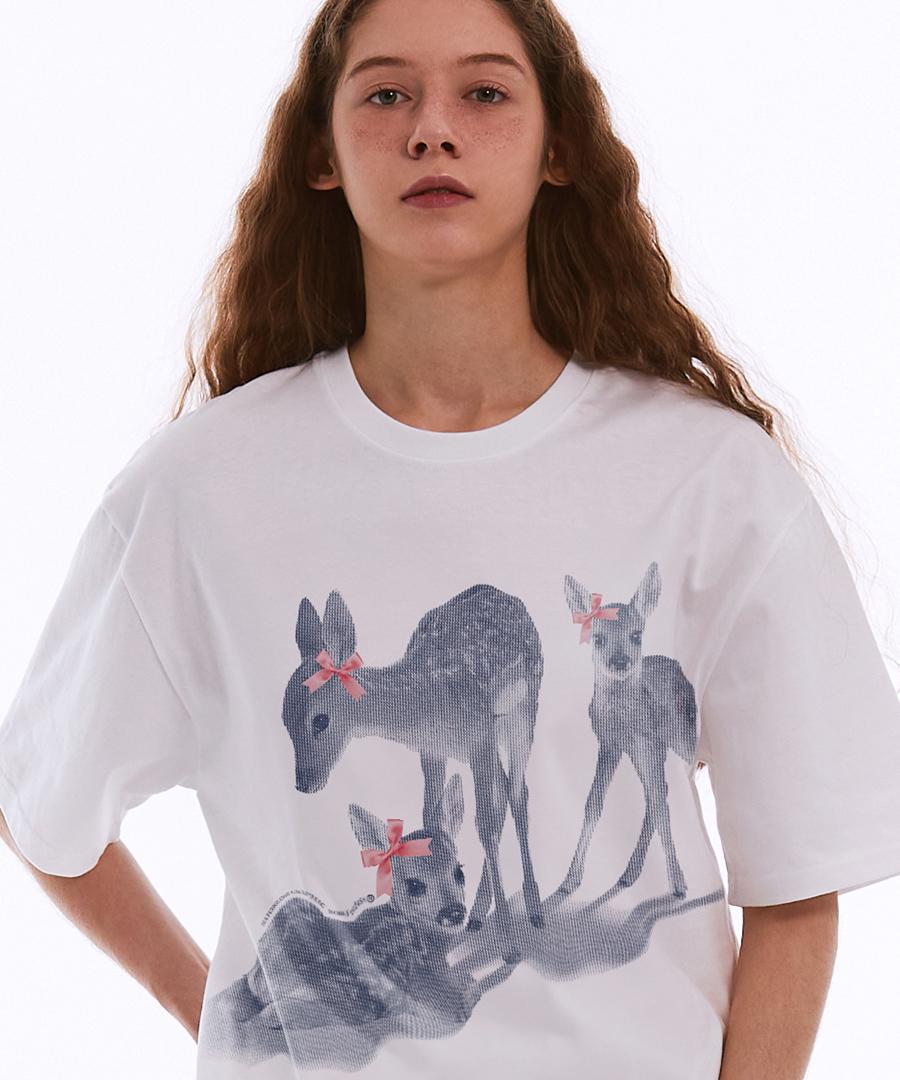 Match Glove Ribbon Deer Oversized Tee (White) Beige/Free