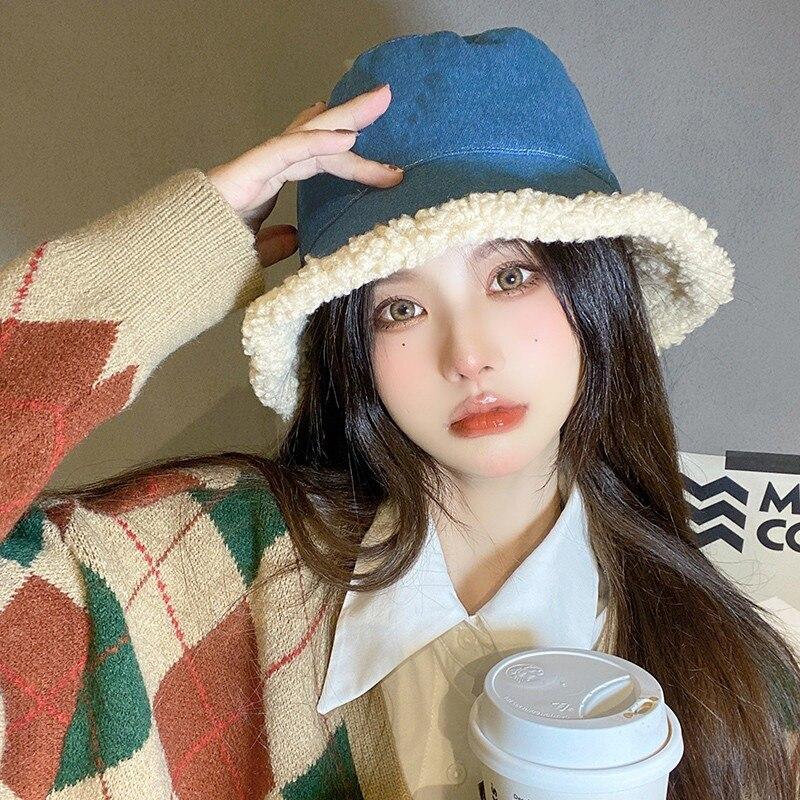Winter Women Faux Fur Bucket Hat Outdoor Warm Lamb Black Solid Fluffy Fishing Cap