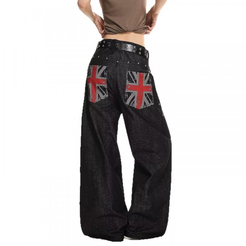 American Vintage Embroidered Wide Leg Jeans Unisex High Street Loose Straight Trousers