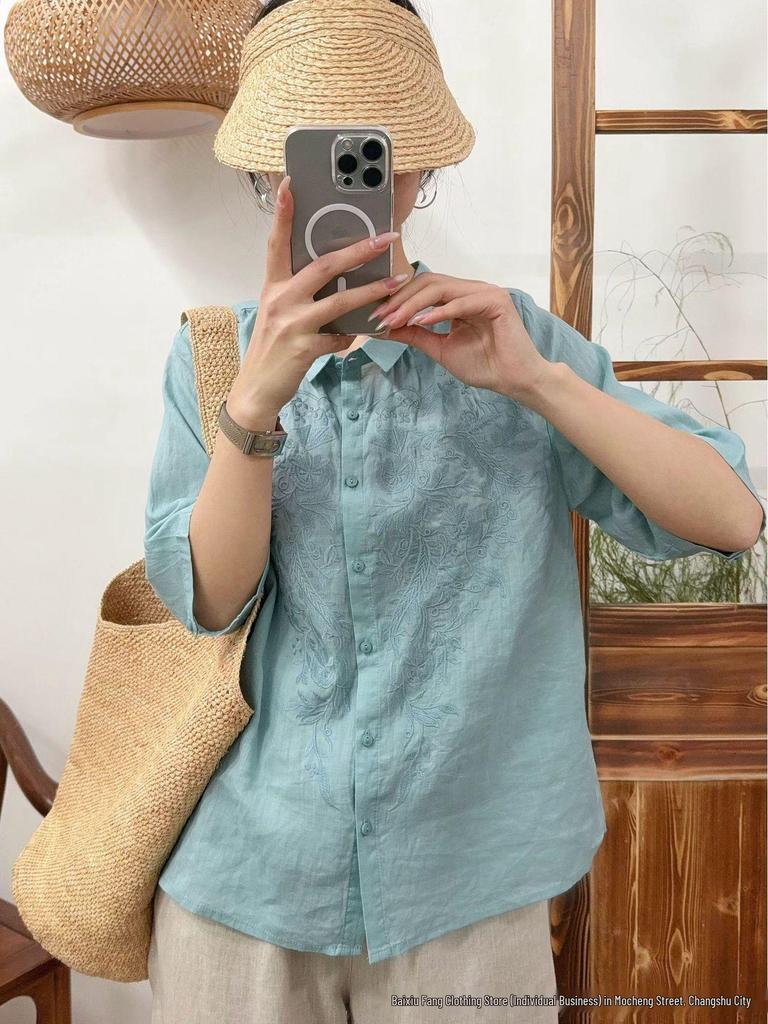 Summer 2026 Retro Embroidered Linen Blouse - Women's Short Sleeve, Slimming Shirt Collar, Loose Fit Top