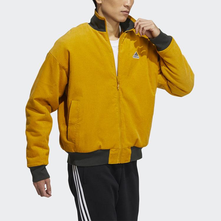 Adidas Corduroy Jacket with Embroidered Logo, Warm, Athletic, Stand Collar, Fitted Men Jacket Yellow HD0361