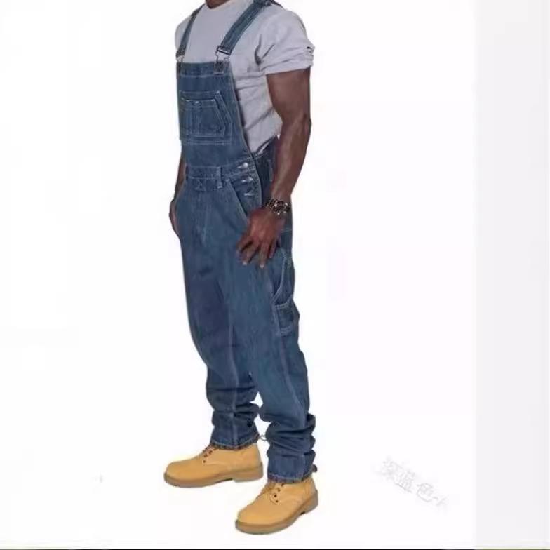 Men's Cross-border Denim Jumpsuit with Multiple Pockets - Dark Blue/Light Blue Workwear Overalls